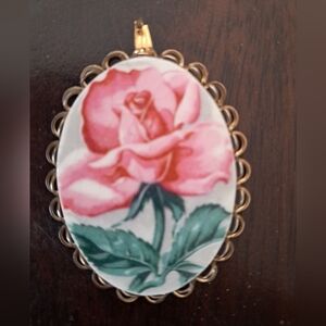Vintage Gold Toned Metal and Rose Painted On Enamel Pendant